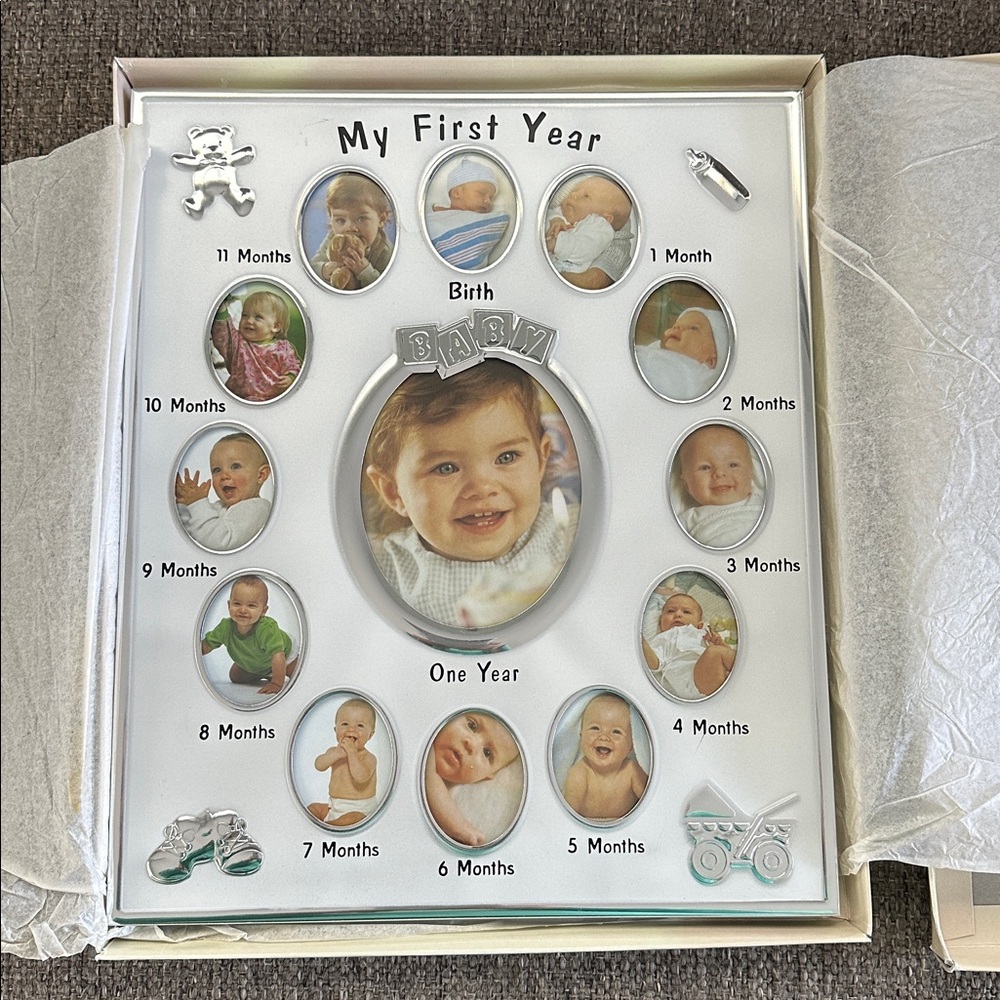 My First Year Baby Milestone Photo Frame Silver 13 Openings Matte New In Box